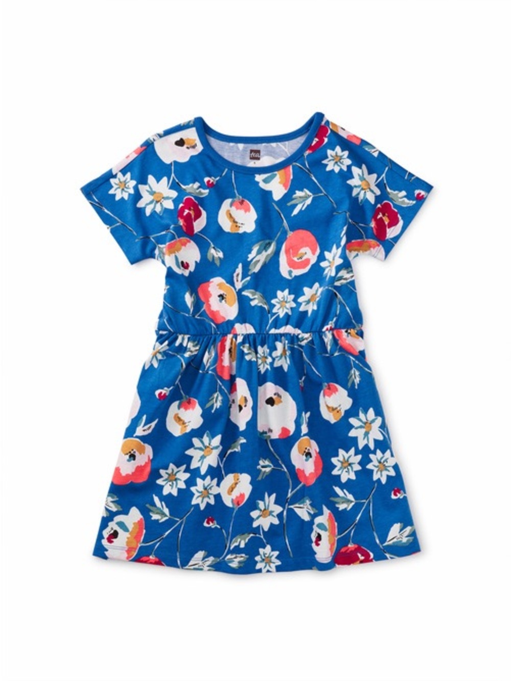 Tea Collection Blue Floral Short Sleeve Elastic Waist Dress - size 6